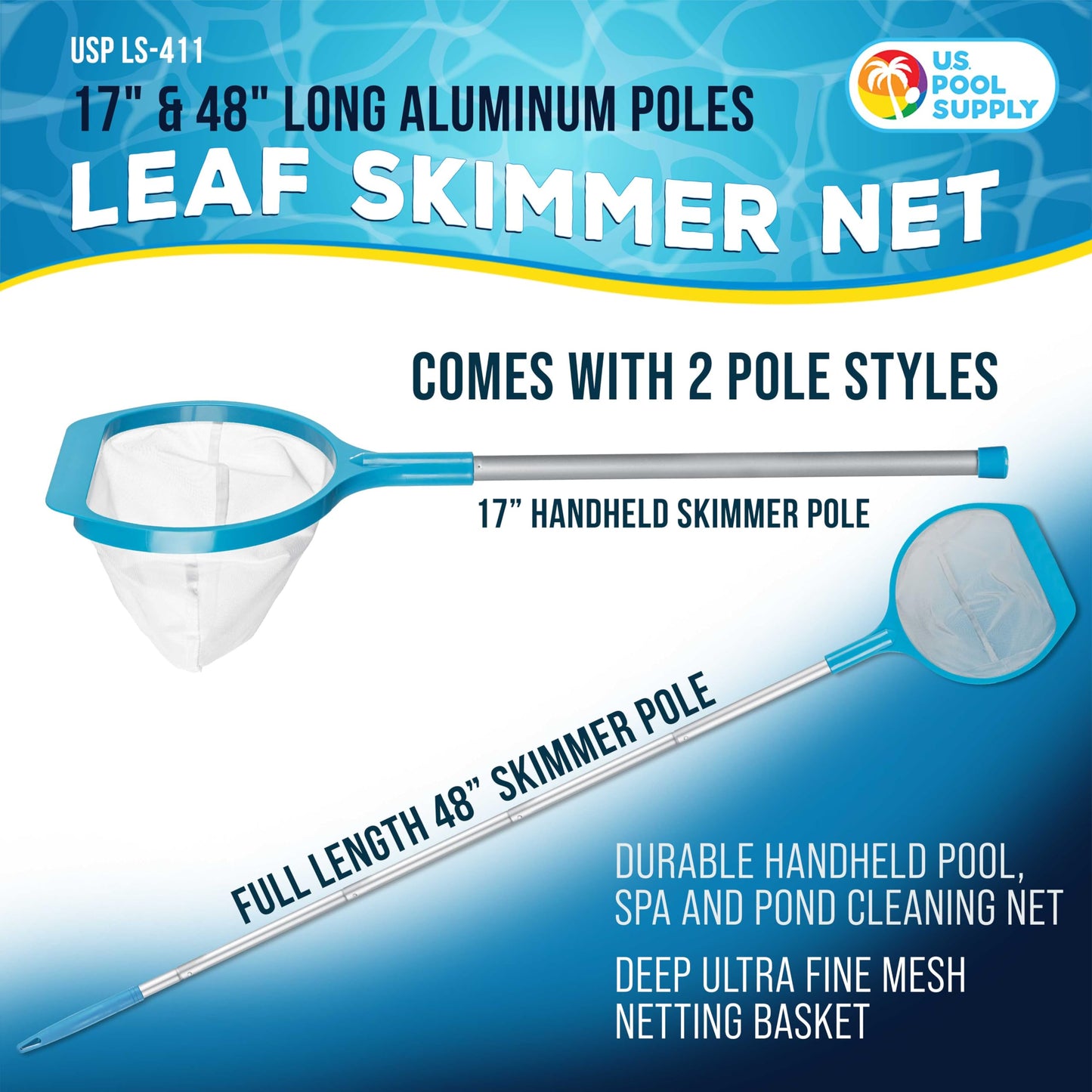 U.S. Pool Supply Spa, Hot Tub, Pool Leaf Skimmer Net, 17" & 48" Long Aluminum Poles - Deep Ultra Fine Mesh Netting, Handheld Pool Cleaning Net, Clean Finest Debris, Leaves, Ponds, Small Above Ground