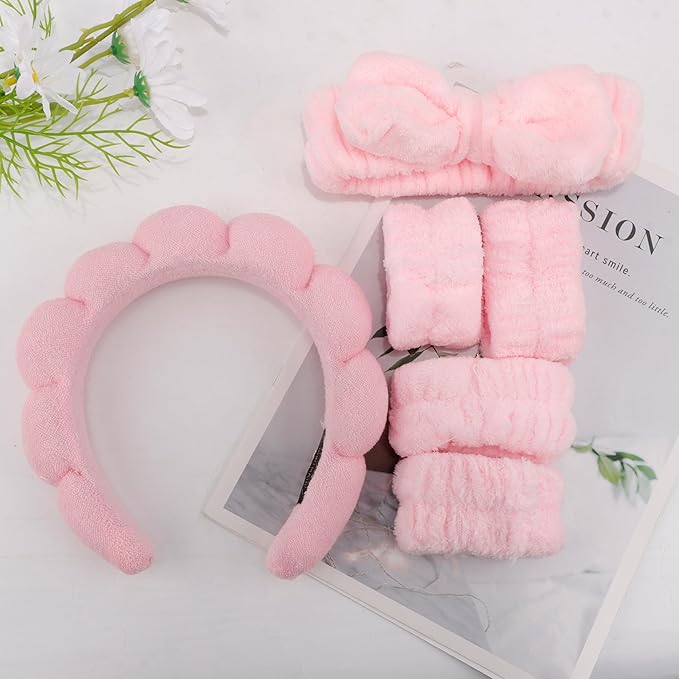 AOPRIE SPA Headbands for Washing Face Makeup Headbands with Bow Hair Band Women Facial Head Band Wrist Towel Wraps For Shower Face Mask Pink Style Pink, 6 Pack