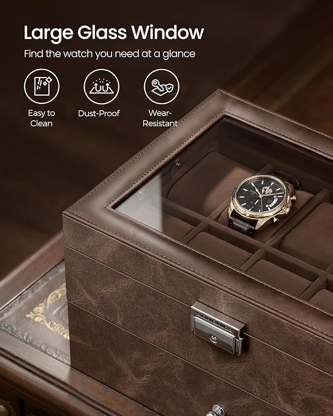 SONGMICS Watch Box, 20-Slot Watch Case Organizer with Large Glass Lid, Removable Pillows, Metal Lock, Gift for Loved Ones, Coffee Brown Synthetic Leather, Coffee Brown Lining UJWB020KZ02S