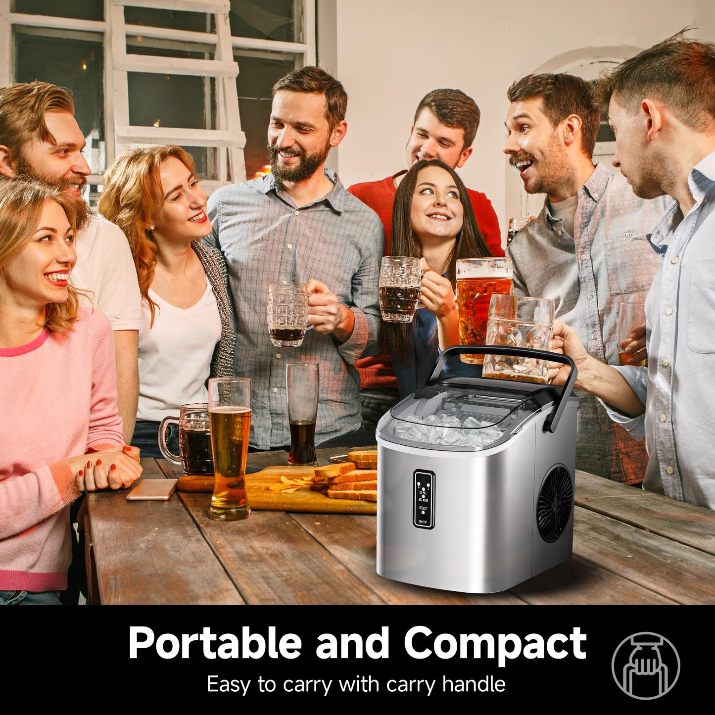 EUHOMY Ice Maker Countertop with Carry Handle, 9 Cubes Ready in 6 Mins, 26.5lbs/24H, Self-Cleaning, 2 Sizes of Bullet Ice with Basket and Scoop, Portable Ice Maker Machine for Home, Kitchen, Office