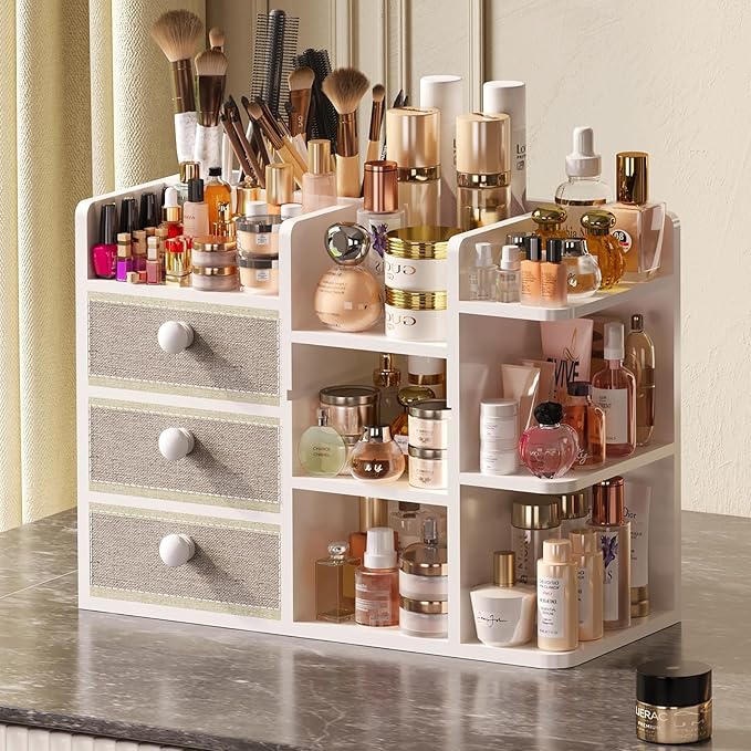 Large Makeup Organizer Countertop With Brush Holder Drawer For Vanity,Bamboo Bathroom Counter Organizers And Storage,Cosmetic Skincare Perfume Organizer,Easy To Store Nail Polish, Lipstick, Eyeshadow