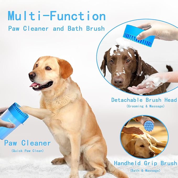 Dog Paw Cleaner Kit for Medium & Small Dogs - Quick Clean No Full Bath, 2-in-1 Paw Wash Cup with Detachable Silicone Brush Head, Includes Bath Brush & 3 Absorbent Towels, Blue