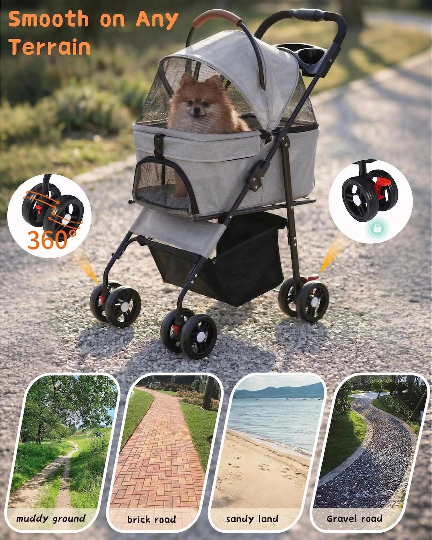 Pet Stroller with Removable Carrier, 35lbs Capacity - One-Click Foldable Dog Stroller, Cat Carrier & All-Terrain Wheels, Compact Travel Pet Stroller for Small to Medium Pets-Gray