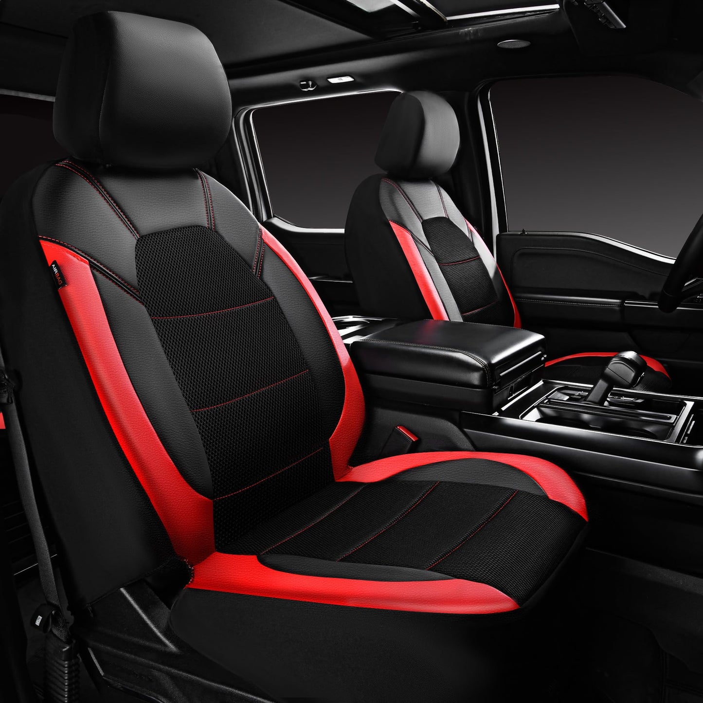 CAR PASS Leather Car Seat Covers Front Seats Only, with Air Mesh Front Seat Covers Breathable, Cool Automotive Seat Covers 2 Pack, Universal Fit Most Cars,SUV,Truck,Van Airbag Compatible(Black & Red)