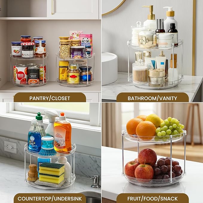 2 Tier Non-Skid Acrylic Lazy Susan Turntable Organizer - Rotating Spice Rack - Spinning Organization Tray for Kitchen, Pantry, Countertop, Closet, Bathroom, Vanity, Medicine Cabinet Organizing, 9.25''