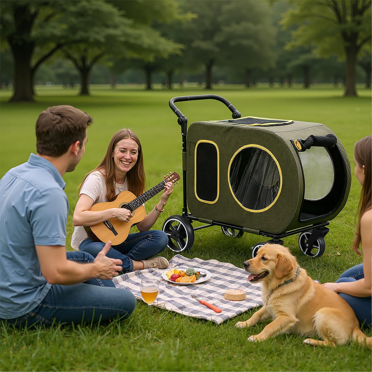 2025 Upgraded Dog Stroller for Large & Medium Dogs，Pet Stroller for 2 Small Dogs, Foldable Jogger Wagon with Detachable Carrier for Car Seat, Adjustable Handle, Up to 90 lbs, Green