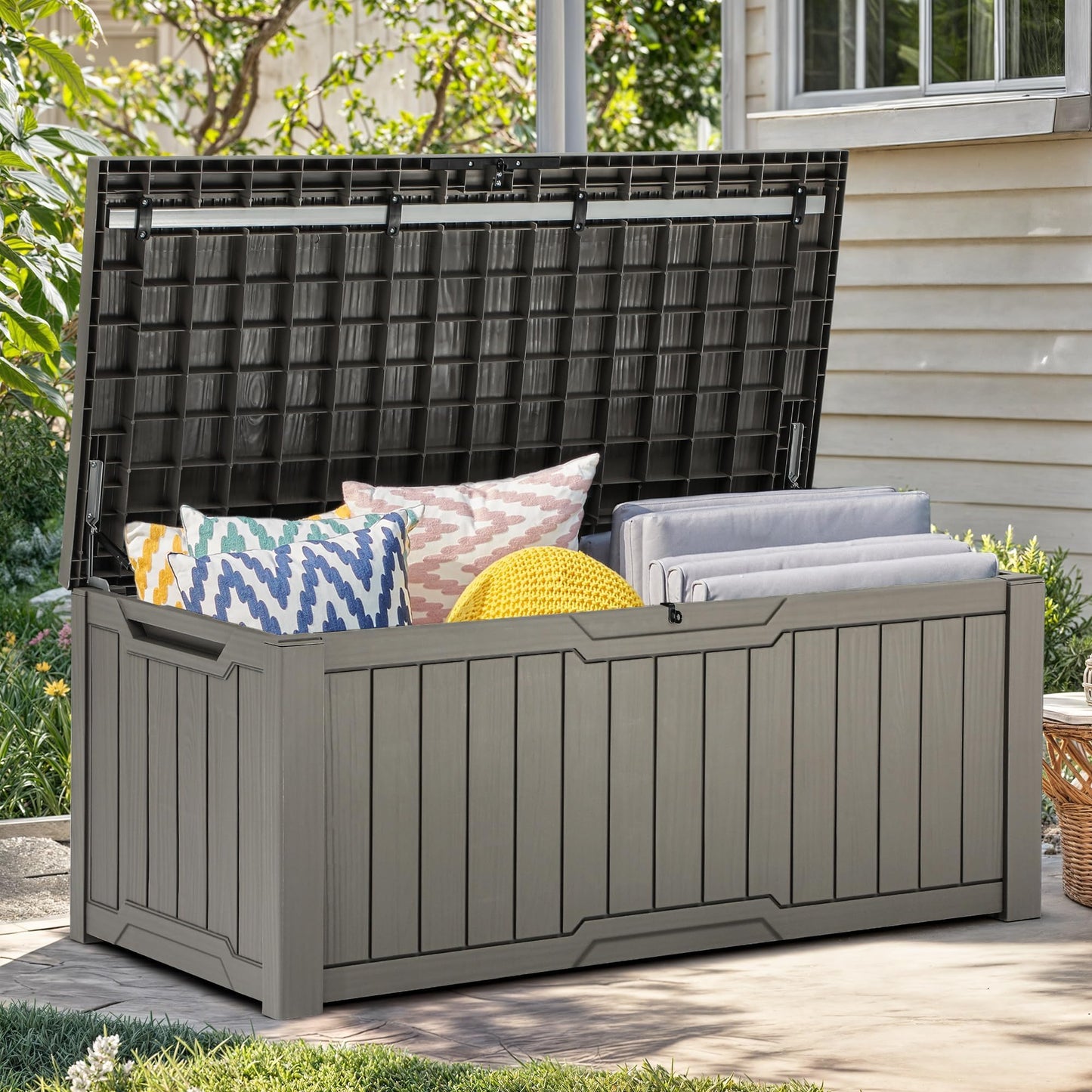 YITAHOME Outdoor Storage Box, 120 Gallon Waterproof Deck Box for Garden Tools, Patio Cushions, and Pool Accessories, Lockable, Easy Assembly, Versatile Bench or Table (Light Brown)