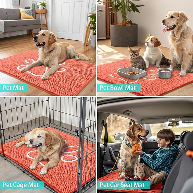 Smiry Dog Door Mat for Muddy Paws, Absorbent Dirt Trapper Non Slip Quick Dry Washable Chenille Mat for Mud Dogs, Entry Rug for Indoor and Outdoor (36x24 Inches, Coral and White)
