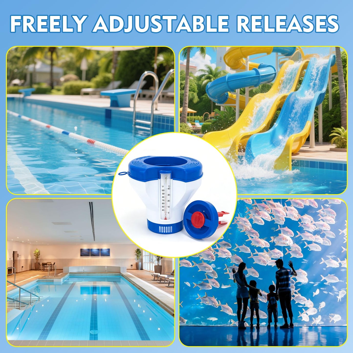 Pool Chlorine Floater Dispenser with Thermometer - 8" Pool Floater Pop-Up Refill Indicator Large Floating Chlorine Holder for 1 to 4 inch Tablets Floating Dispenser for Pools Spas Hot Tubs