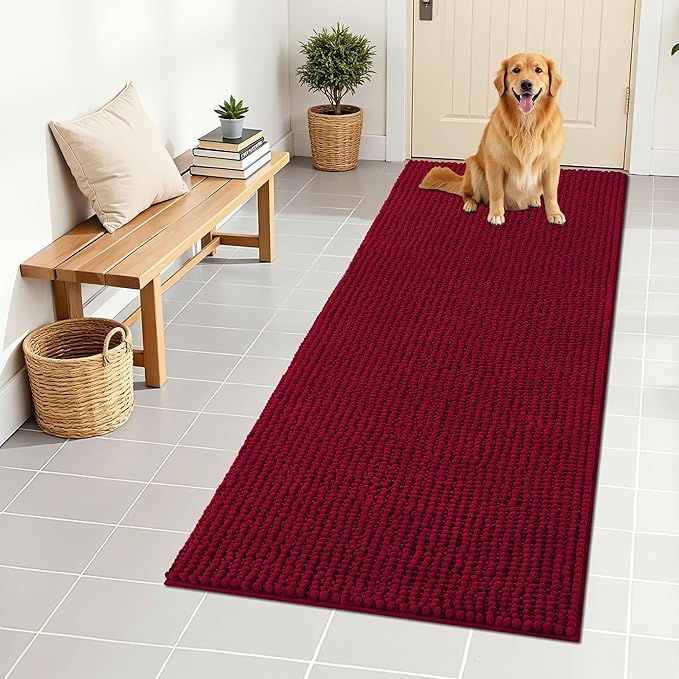 OLANLY Dog Door Mat for Muddy Paws 59x24, Ultra Absorbent Chenille Mud Doormat, Non-Slip Washable and Dirt Trapping Doormat for Indoor Entryway, Quick-Dry Indoor Pet Bed Mats for Dogs, Burgundy