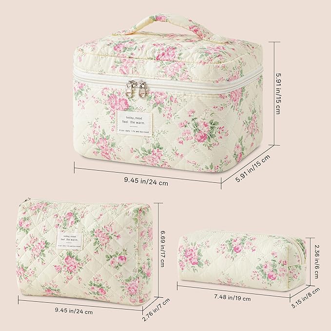 HBselect Quilted Makeup Bag, 3PCS Cotton Large Travel Makeup Bag, Cute Floral Coquette Make up Bag Cosmetic Bag Toiletry Bag for Women Girls