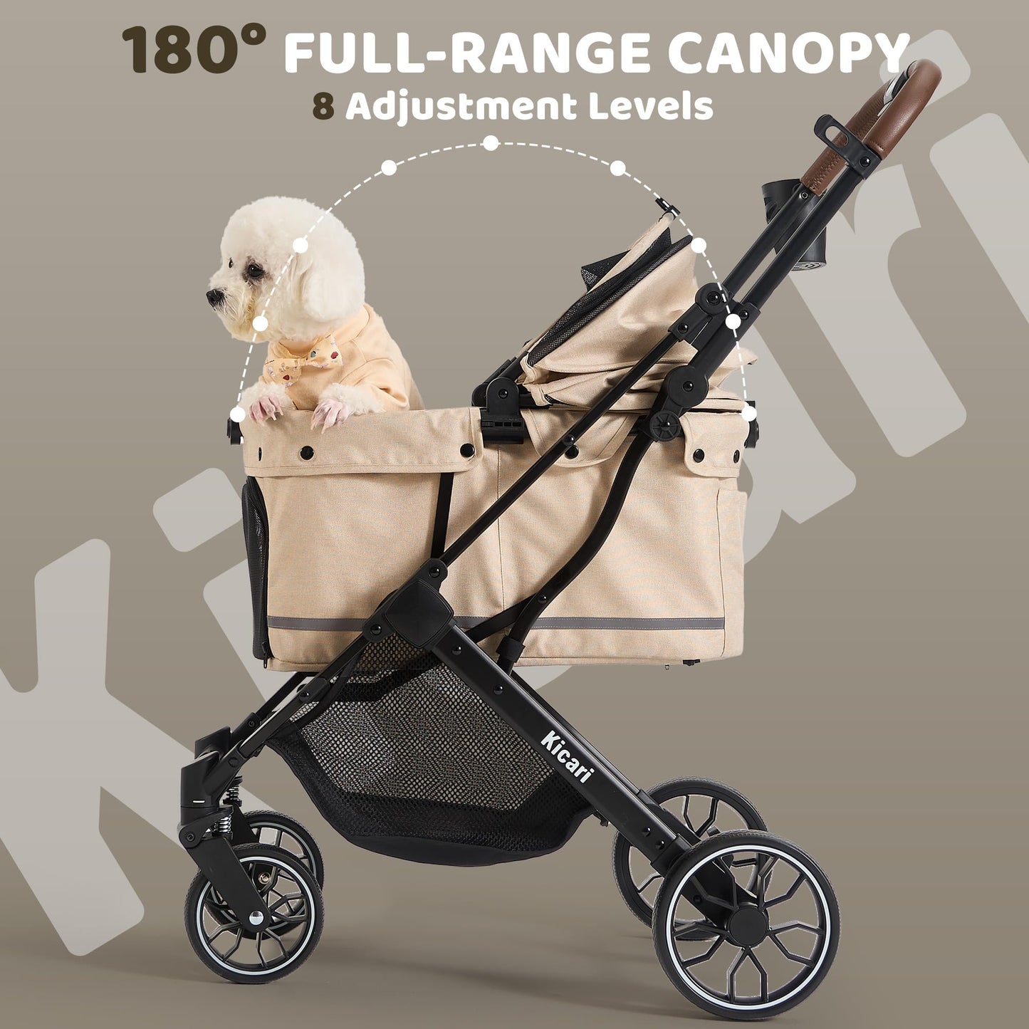 Kicari All-Terrain Dog Stroller for Small to Medium Dogs, Pet Stroller for Dogs & Cats Outdoor Walks, One-Hand Easy Fold, Double-Layer Anti-UV & Waterproof Canopy & Breathable Mesh, Vanilla Beige