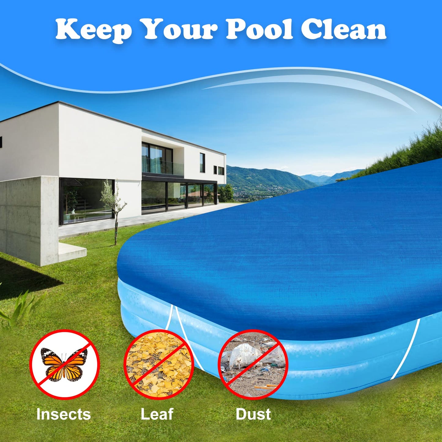 Nirvany Rectangular Pool Cover, Fits 120 in x 72 in Inflatable Rectangle Swimming Pool Cover, Dustproof Rainproof Waterproof Square for Garden Outdoor Paddling Family Pools Protector