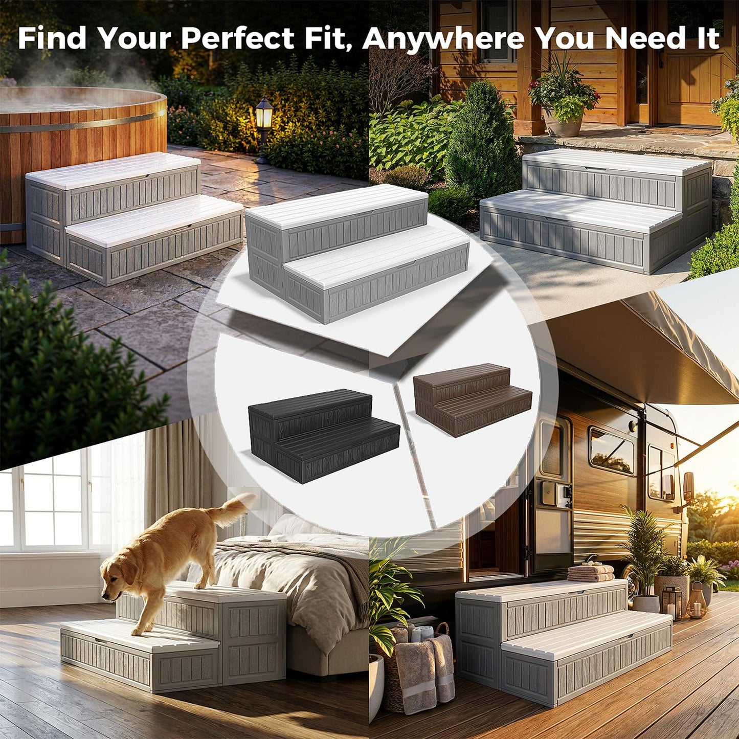 CAMMOO Hot Tub Steps - Double-Decker Large Storage & Snap-Together Assembly, Fully Sealed Spa Steps with Non-Slip Wider Step, Hot Tub Stairs, Outdoor/Indoor, Grey-White