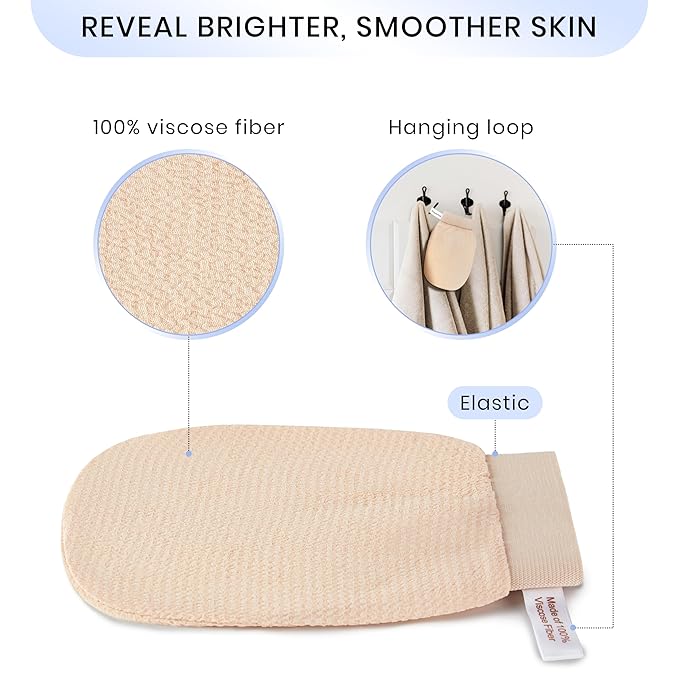 SimpleField Korean Exfoliating Mitt for Remove Dead Skin. 2 Pack 100% Viscose Kessa Deep Exfoliating Gloves for Body Scrub, Keratosis Pilaris & Self Tanning Removal. Smooth Skin Surface. (Muted Peach)