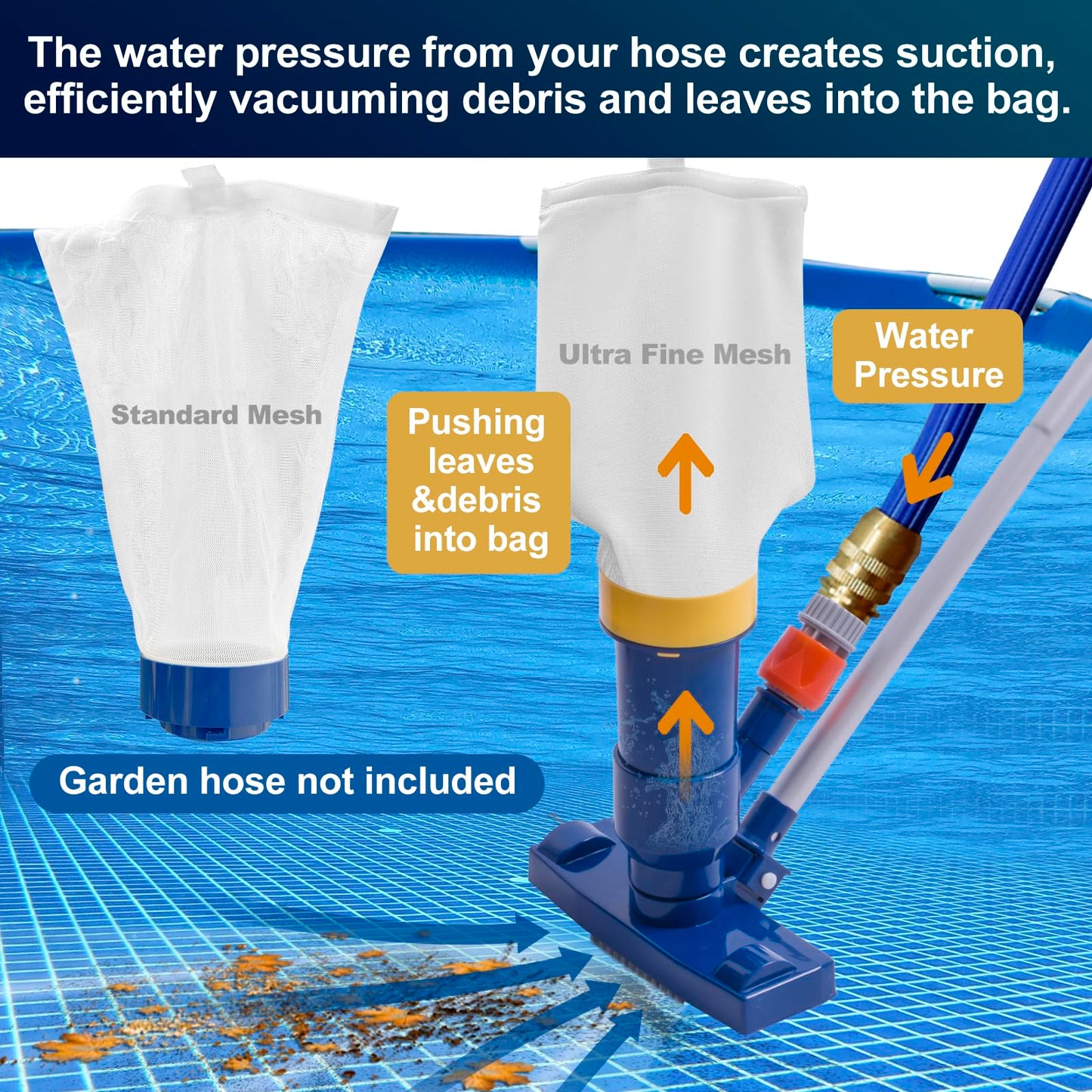 POOLAZA Manual Pool Vacuum for Above Ground Pool Upgrade with Fine Mesh Bag& 56" Pole, Handheld Pool Vacuum Jet Underwater Cleaner, Spa Pool Vacuum Cleaner Attach to Garden Hose