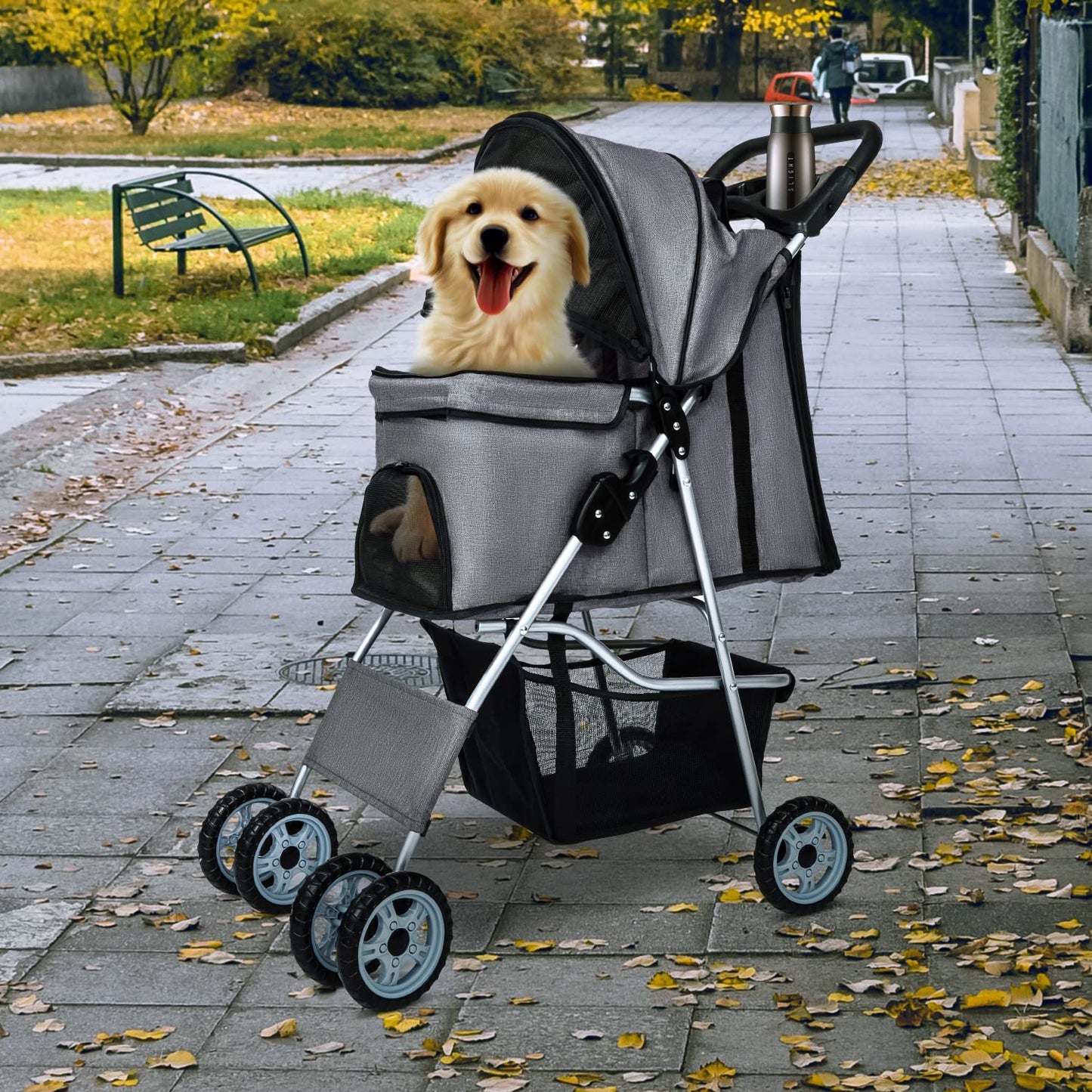 BestPet 4Wheels Pet Dog Stroller for Folding Lightweight Cat Travel Stroller with Cup Holder,Grey