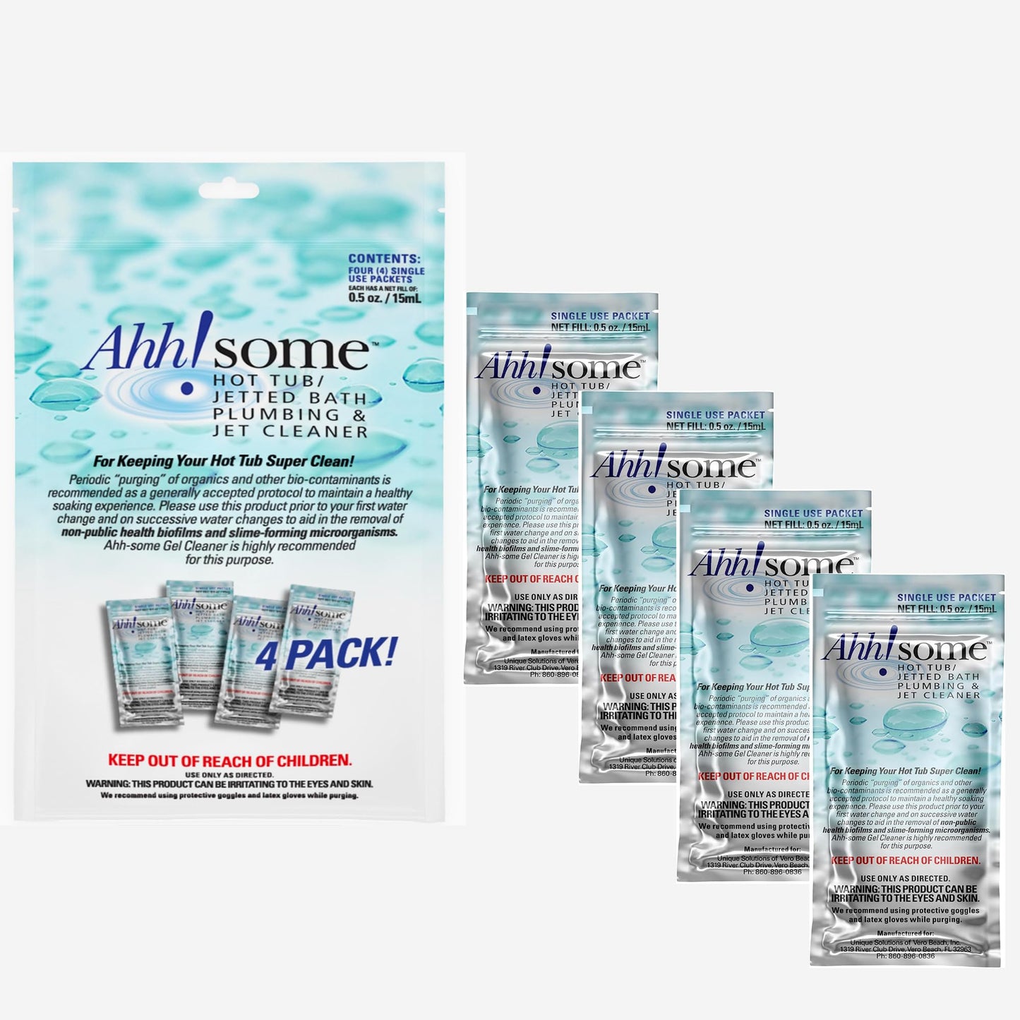 Ahh-Some - Hot Tub Cleaner & Purge Packet | Clean Pipes, Jet Line & Jets Gunk Build Up | Clear & Soften Water for Hot Tub, Jetted Tub, Swim Spa | Top Clarifier Up to 450 Gallons of Water (Pack of 4)