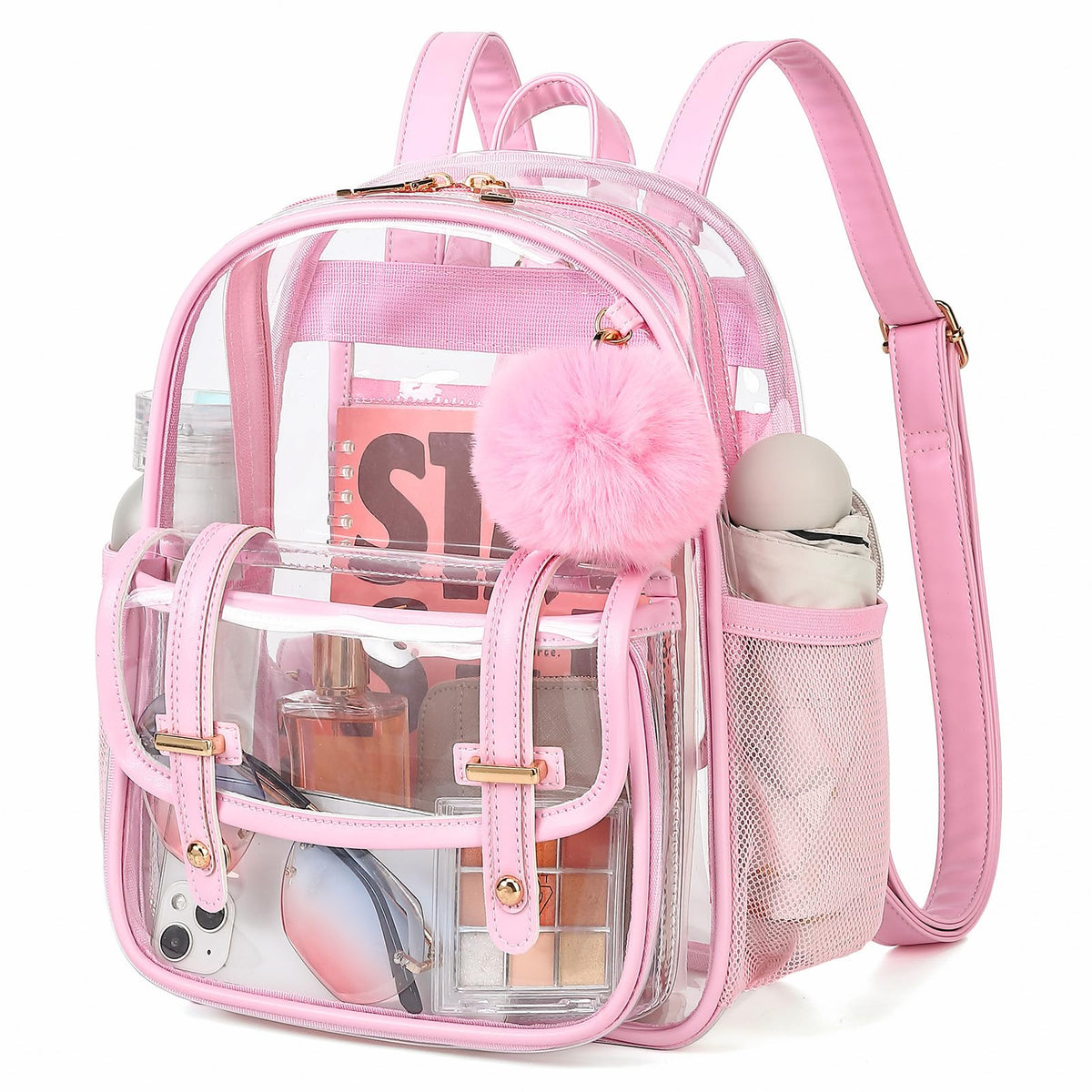 Clear Backpack for Stadium Events, 12x 12x 6 Small Transparent Backpack PVC Mini See Through Bag for Women Girls for Concert Festival, Pink