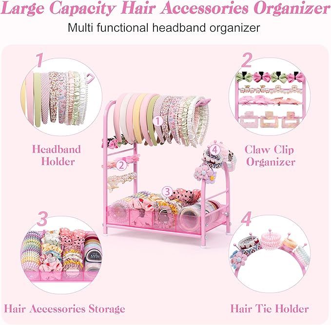 Keebofly Acrylic Hair Accessories Organizer, Versatile Headband Holder Stand for Scrunchies, Bows, Claw Clips, Hair Tie, Compact Hair Organizer Storage Container for Girls, Women, Babies, Soft Pink