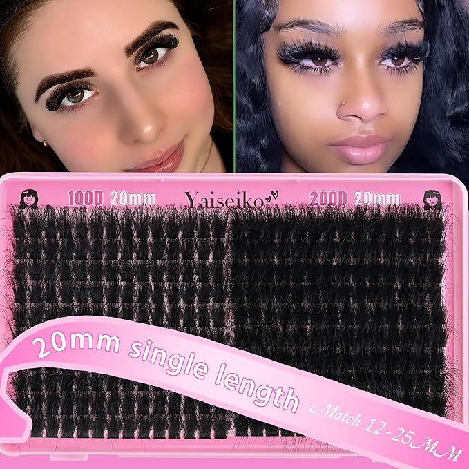 Lash Clusters 100D+200D Thick Eyelash Clusters 20mm Wispy Individual Mega Volume Lashes Cluster Eyelash Extensions 280Pcs DIY Lash Extension at Home, by Yaiseiko