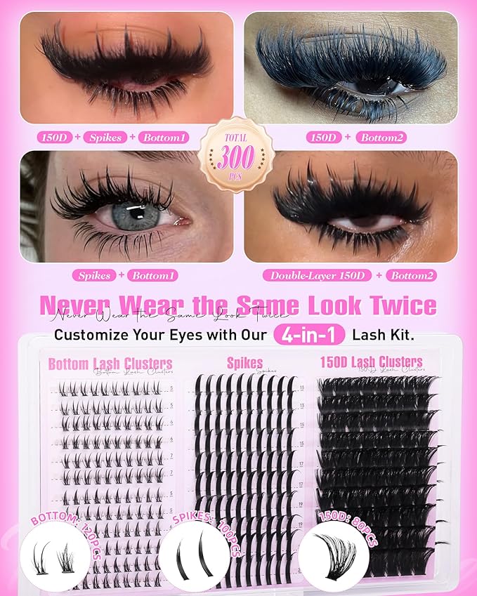 Wispy Lash Clusters with Spikes Volume Eyelash Clusters with 2 Bottom Lashes 150D D Curly Lashes Clusters 300PCS Mink Cluster Eyelash Extensions Spiky Individual Lashes with Bottom Lash Clusters