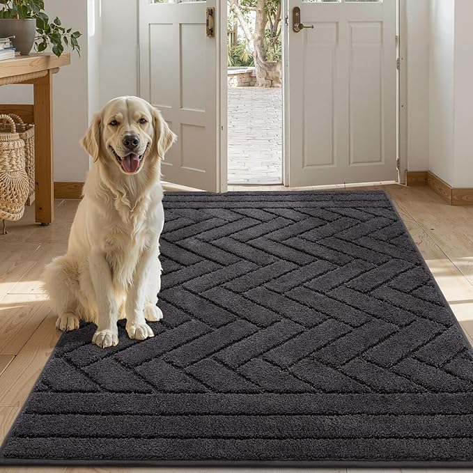Tindbea Large Dog Mat for Muddy Paws,Absorbs Moisture Dirt Non-Slip Washable Long Mud Mat for Dogs,Soft Rubber Backing Front Inside Pet Rug for Entryway, Mud Dog Paws, Patio(32"x47",Charcoal)
