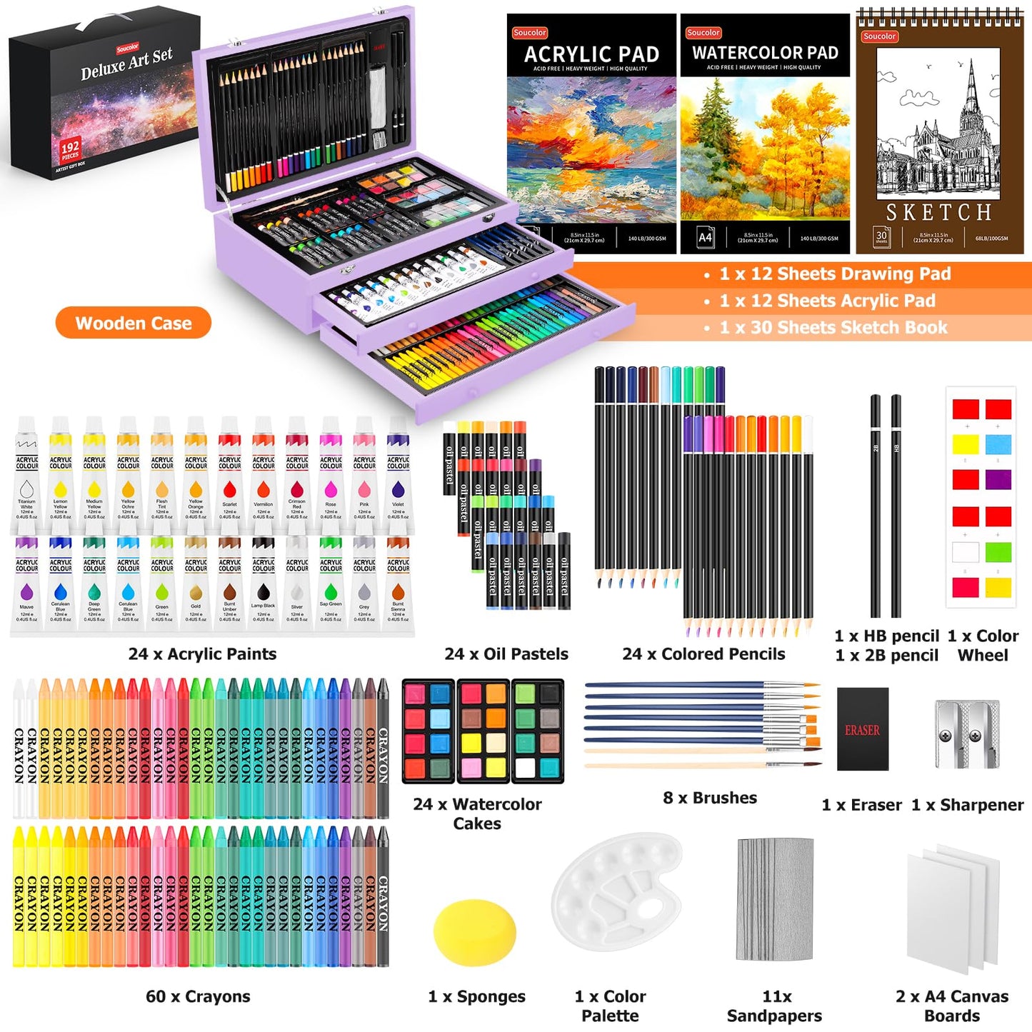 Soucolor Birthday Gifts, Art Supplies, 192-Pack Deluxe Art Set Drawing Painting Supplies Kit with Acrylic Pad, Watercolor Pad, Sketch Book, Canvases, Acrylic Paint, Crayons, Pencils