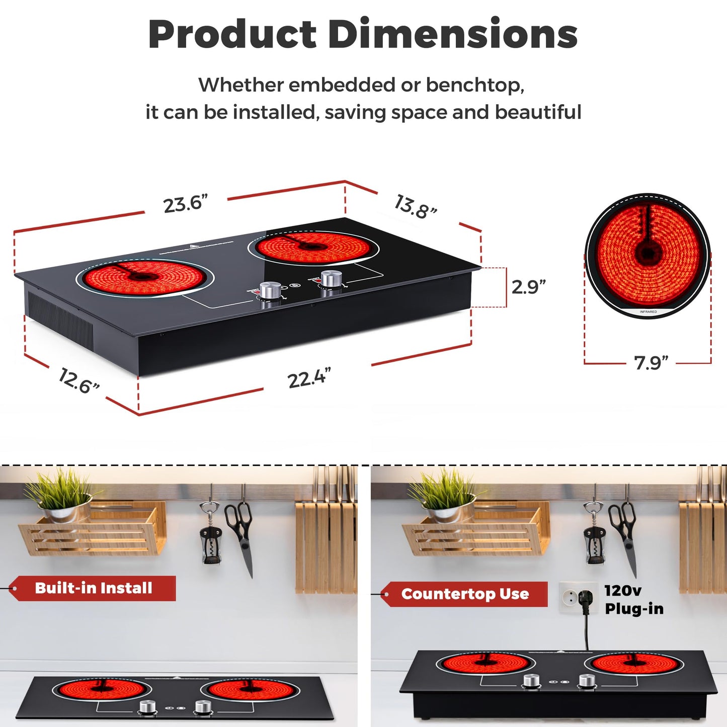 ADVWIN Electric Cooktop, 2 Burner Knob Control Plug in Built-in Ceramic Electric Stove Top with Child Safty Lock & Timer & Over-Temperature Protection & 10 Power Setting, 1800W, (3 burners (vertical))
