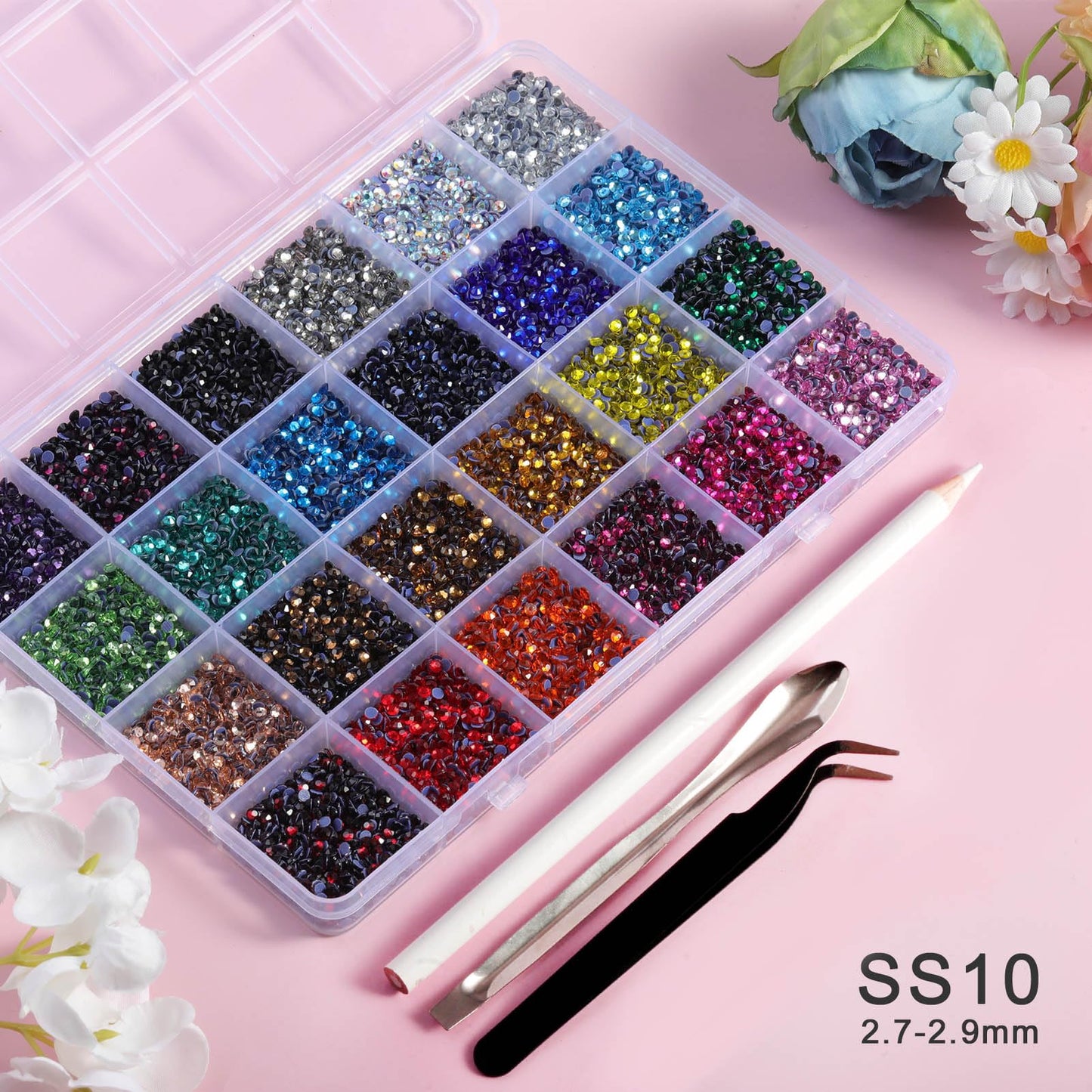 BEADSLAND Hotfix Rhinestones Mixed 24 Colors, SS10 Rhinestones for Crafts Clothes, Hotfix Crystals with 1 Tweezers, 1 Wax Pencil and 1 Spoon