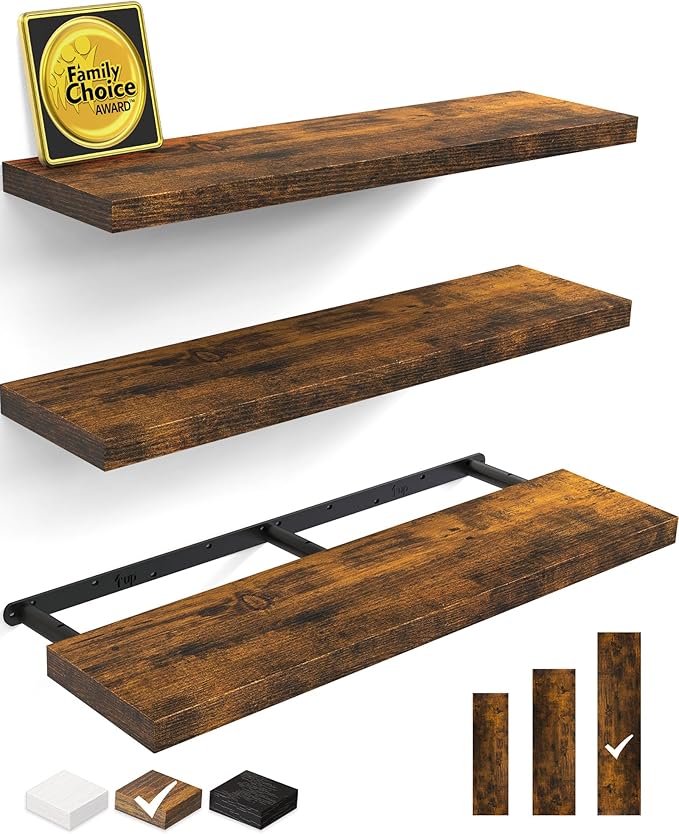 BAYKA Floating Shelves for Wall, Set of 3, 36 Inches Wall Mounted Wood Shelves for Bathroom, Bedroom, Living Room or Kitchen, Hanging Shelf for Books/Storage/Decor with 30lbs Capacity, Rustic Brown