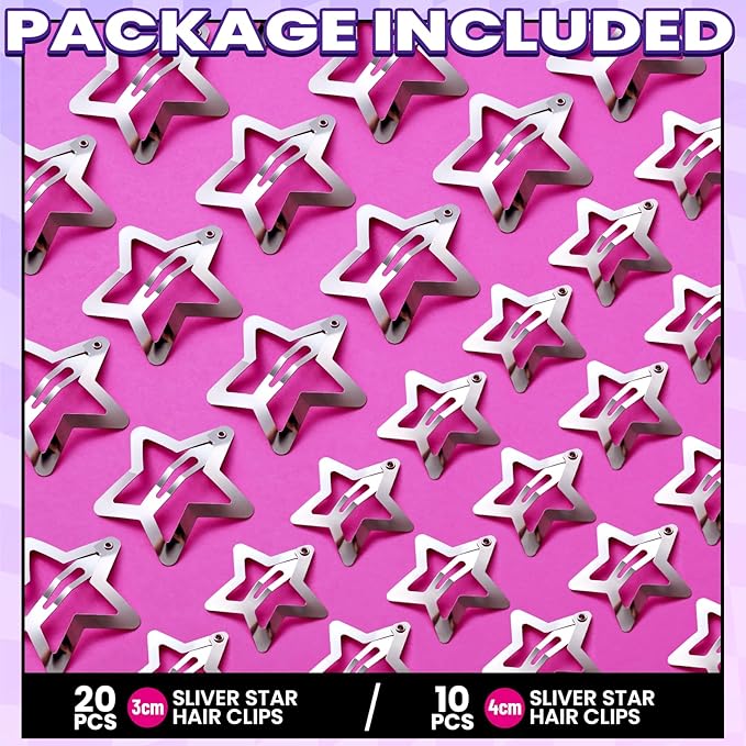 YGDZ Star Hair Clips and Barrettes Set - 20 pcs 1.22" Y2K Hair Accessories, 10 pcs 1.61" Silver Clips for Girls Women, Rave Accessories, Non-Slip Metal Snap Hair Clips