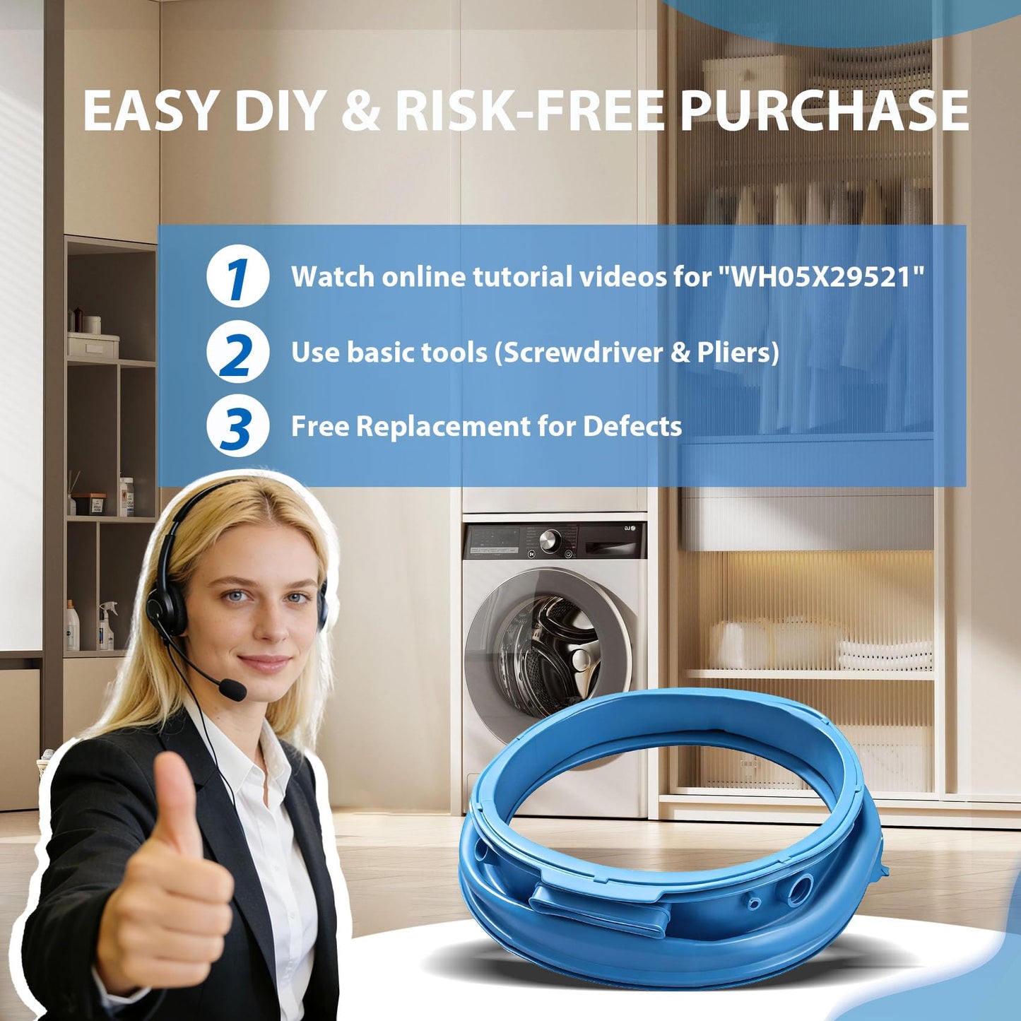 Upgraded WH05X29521 Blue Washer Door Gasket Seal for GE Front Load Washing Machine, Odor Resistant and Watertight Rubber Fit GFW550SSN0WW GFW510SCN0WW GFW550SPN0DG GFW550SPR0RS GFW550SSN1WW