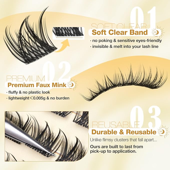 Wispy Lash Clusters 8MM Only Eyelash Extensions Natural Individual Lashes with CC Curl and Flexible Clear Band for DIY Cluster Eyelash Extensions at Home - No Makeup, Clean Makeup, Soft Glam