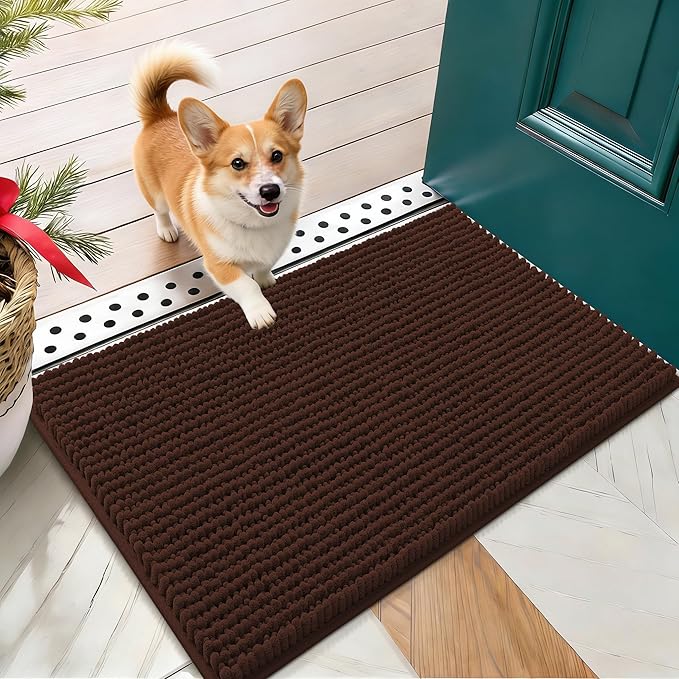 OLANLY Dog Door Mat for Muddy Paws 24x16, Ultra Absorbent Chenille Mud Doormat, Non-Slip Washable and Dirt Trapping Doormat for Indoor Entryway, Quick-Dry Indoor Pet Bed Mats for Dogs, Brown