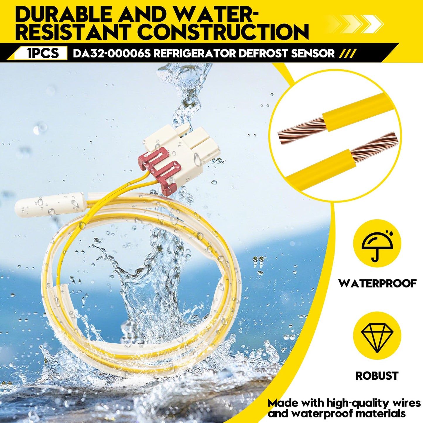 DA32-00006S Refrigerator Defrost Sensor, Fit for Samsung Kenmore 795 Evaporator Temperature Thermistor, Replace AP4308802 PS4138590 EA4138590, 5KΩ 16-Inch Wire for Frost-Free Fridges