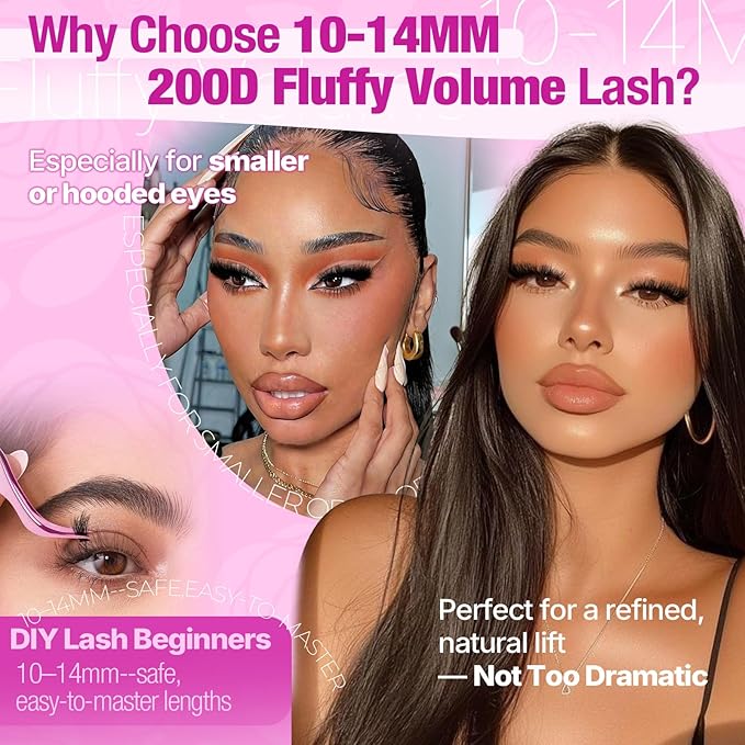 Yawamica Fluffy Lash Clusters 10-14mm Short Eyelash Clusters Thick 200D Volume Cluster Eyelash Extensions D Curl Wispy Individual Lashes DIY Lash Extension for Soft Glam and Daily Wear