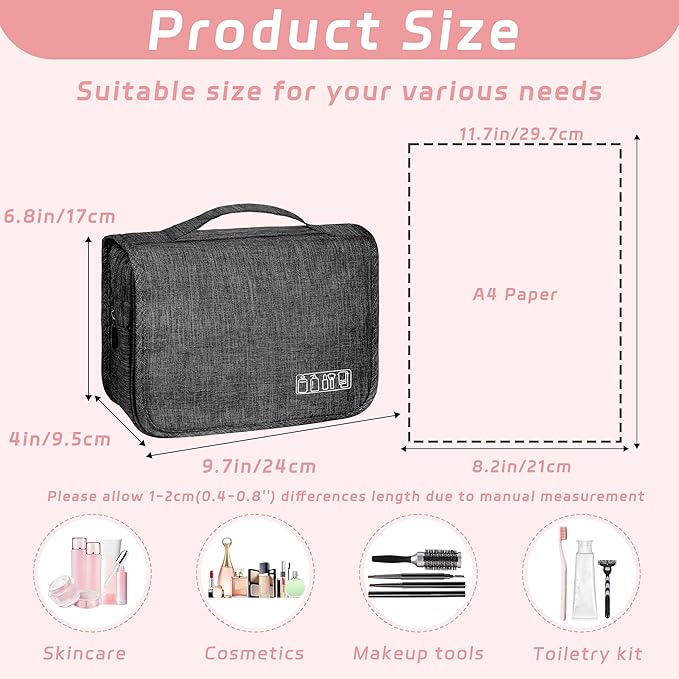 Toiletry Bag Travel Bag with Hanging Hook, Waterproof Capacity Hanging Multifunctional Makeup Bag for Toiletries, Portable Cosmetic Bag Travel Organizer for Women and Men(Black)
