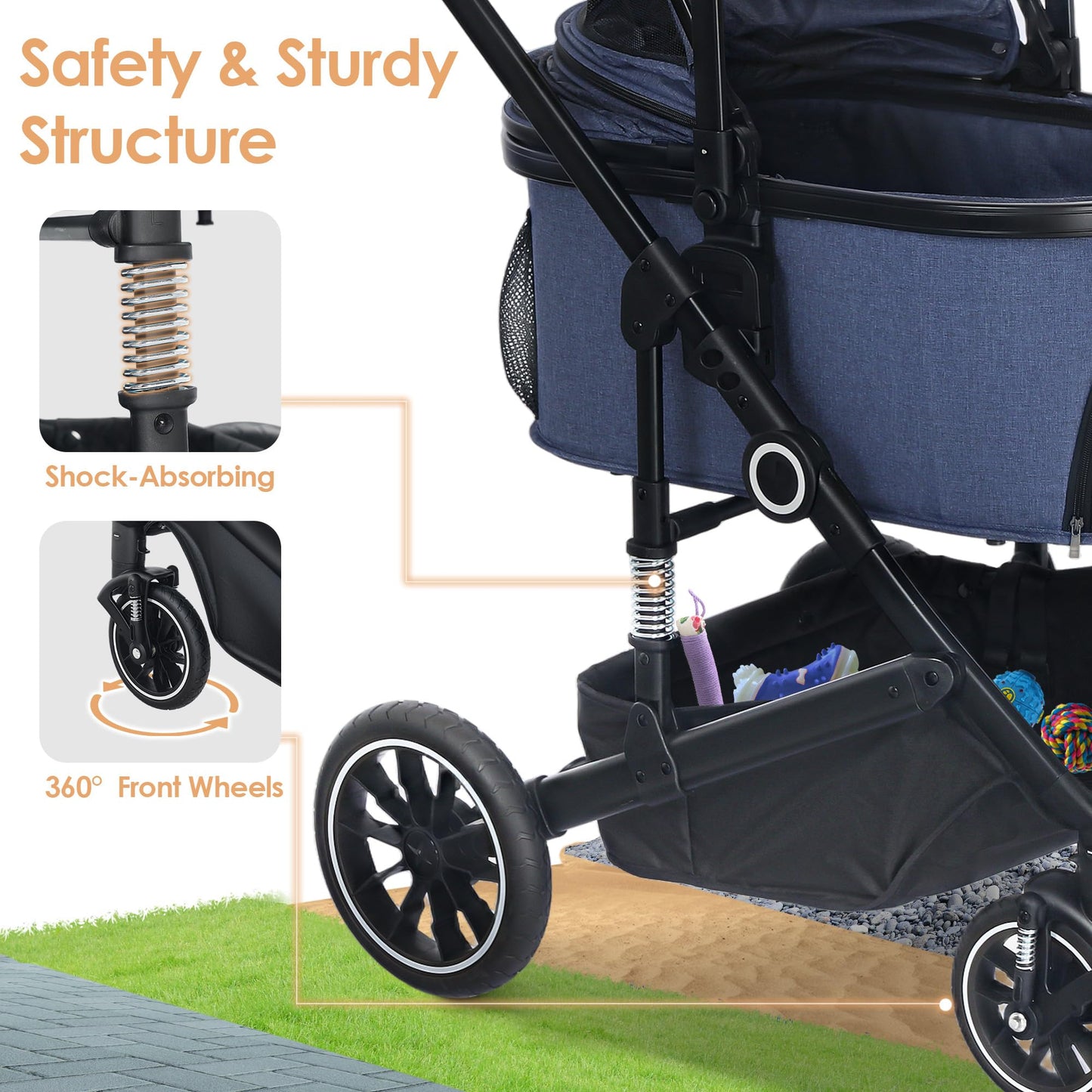 TODEFULL Pet Stroller with 4 Wheels, 3 in 1 Folding Puppy Strollers for Small/Medium Dogs Cats up to 50lbs, Lightweight Pet Travel Carrier with Detachable Cushion, Storage Basket and Cup Holder, Blue