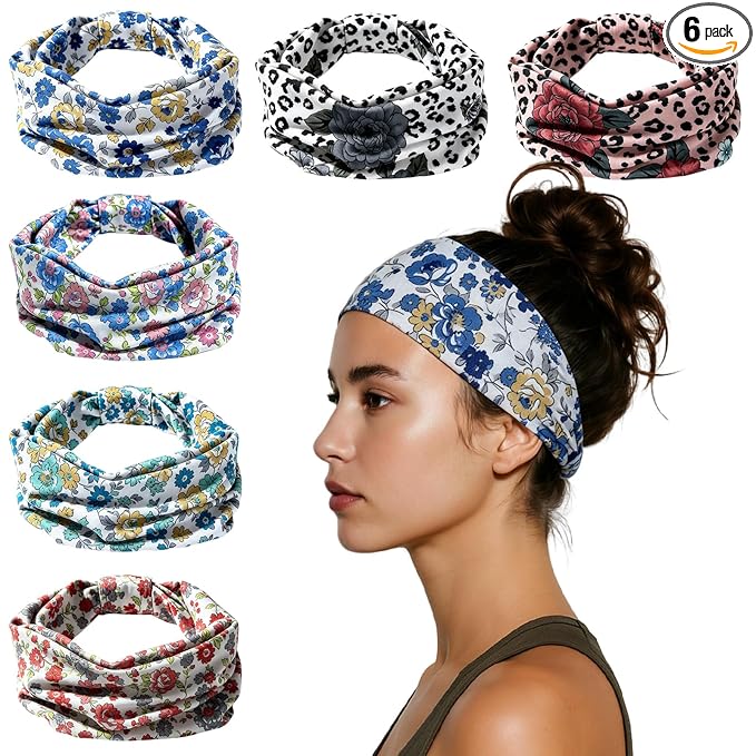 HSEM Boho Headbands for Women 6-Pack – Non-Slip Wide Head Bands, Thick Elastic Hair Bands – Large Knotted Soft Stretchy Sweatbands for Running, Yoga, Makeup, Washing Face, Spa & Workout