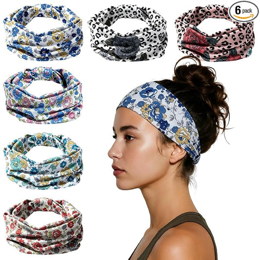 HSEM Boho Headbands for Women 6-Pack – Non-Slip Wide Head Bands, Thick Elastic Hair Bands – Large Knotted Soft Stretchy Sweatbands for Running, Yoga, Makeup, Washing Face, Spa & Workout
