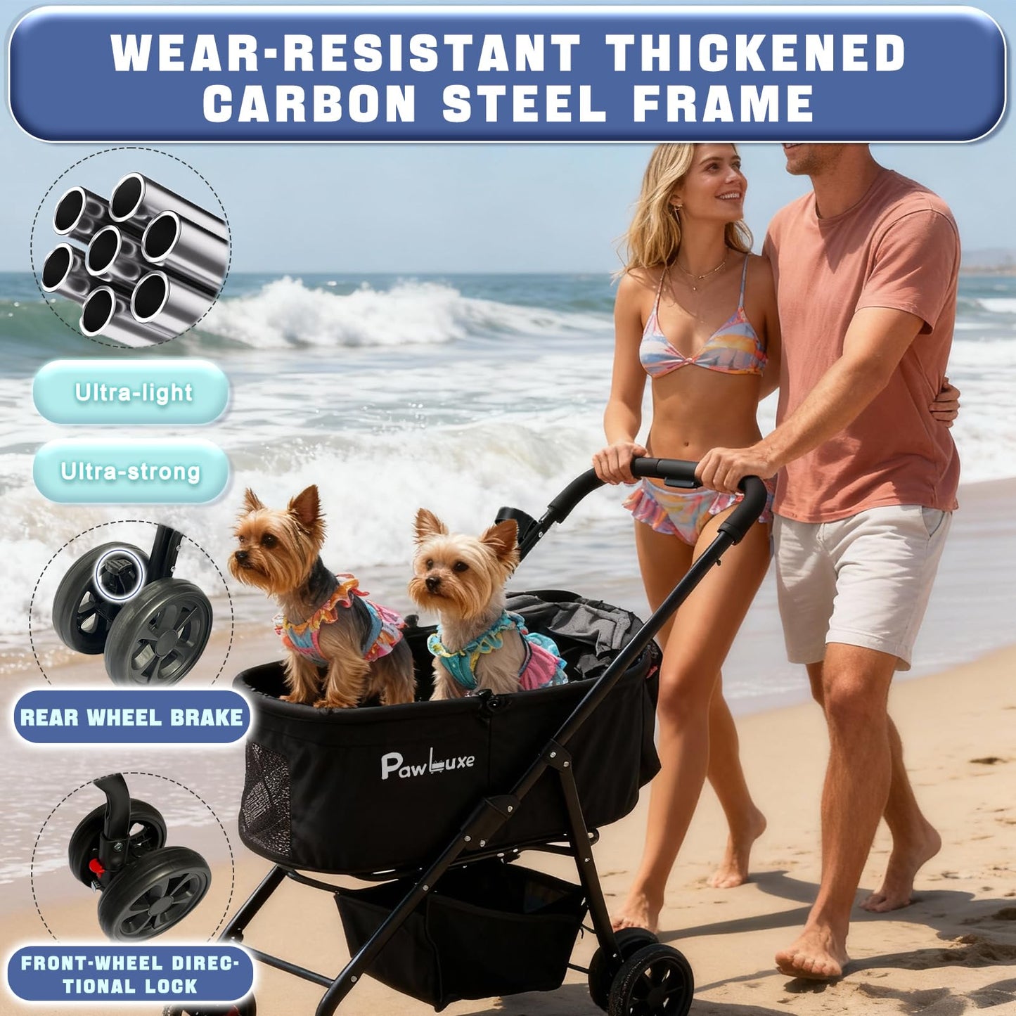 PawLuxe 4 Wheels Pet Stroller 4 in 1 Pet Stroller with Detachable Carrier for Small & Medium Dogs Cats up to 55 lbs Easy-Folding Travel Dog Wagon with Car Seat Breathable Mesh,Blue Cartoon