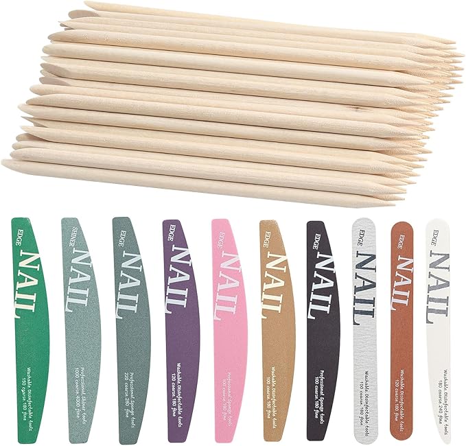 110pcs Nail Care Kit,10pcs Nail Files Different Grit Straight and Half Moon, 100pcs Wooden Nail Care Sticks, Cuticle Manicure and Pedicure Stick for Salon Home (Wooden Kits)