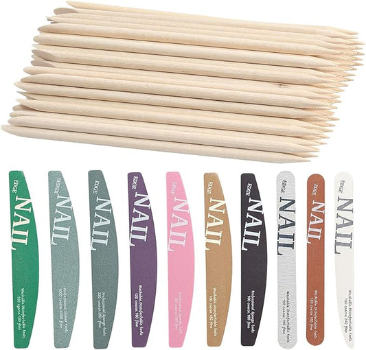 110pcs Nail Care Kit,10pcs Nail Files Different Grit Straight and Half Moon, 100pcs Wooden Nail Care Sticks, Cuticle Manicure and Pedicure Stick for Salon Home (Wooden Kits)