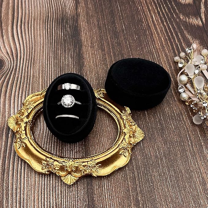 Velvet Oval Ring Box 3 Slots - Premium Wedding Three Rings Box Vintage Handmade Storage Jewelry Organizer for Proposal, Engagement, Wedding Ceremony, Christmas (Black)