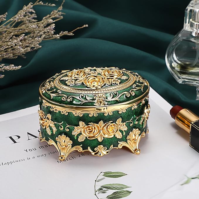 Hipiwe Vintage Jewelry Box Oval Trinket Display Case with Rose Pattern Decorative Green Treasure Box Ring Holder for Women