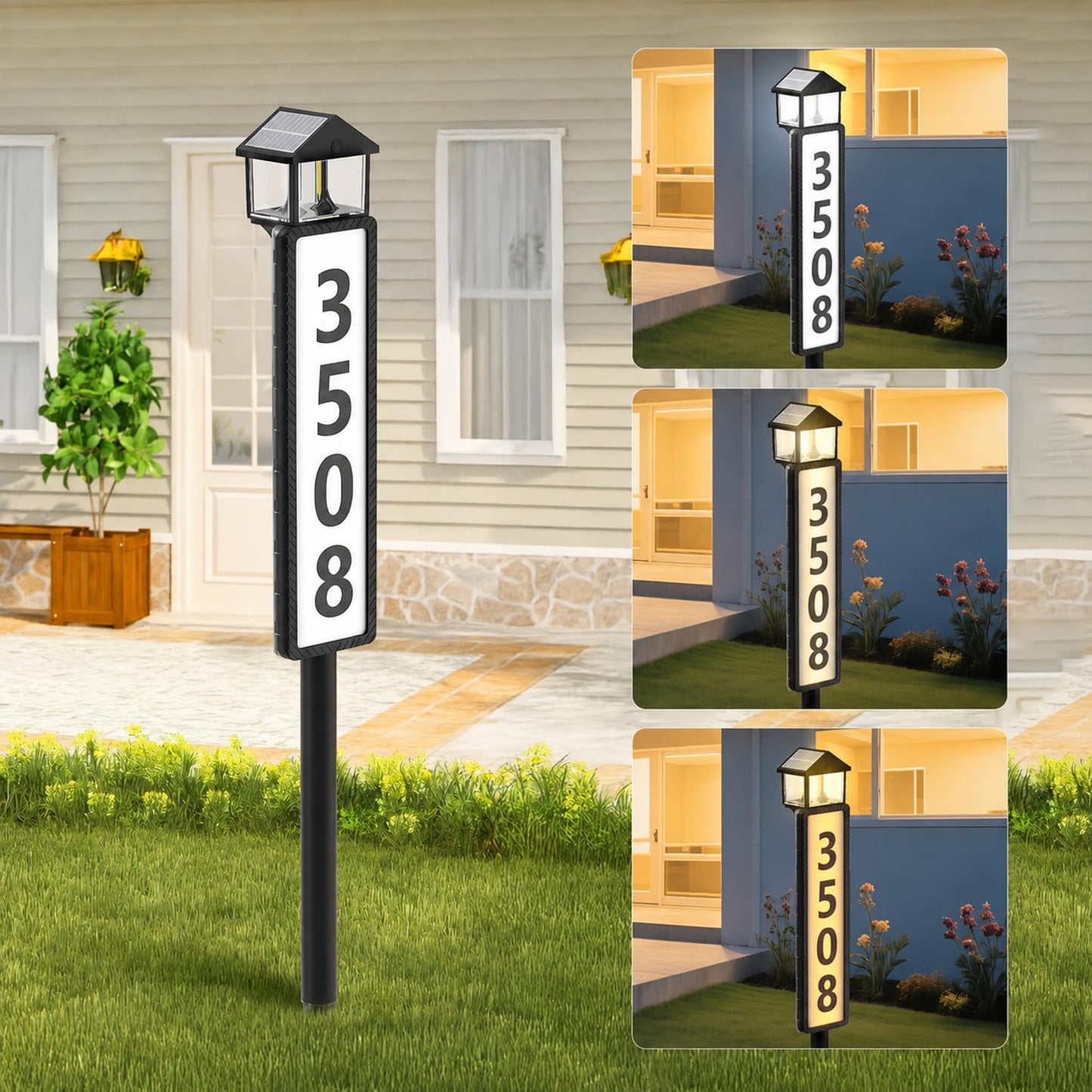 GJB Solar Address Sign for Outside, Solar Powered House Numbers Light with 3 Color Modes, Waterproof LED Illuminated Address Plaque with Stake, Numbers & Letters Included (Matte Black)