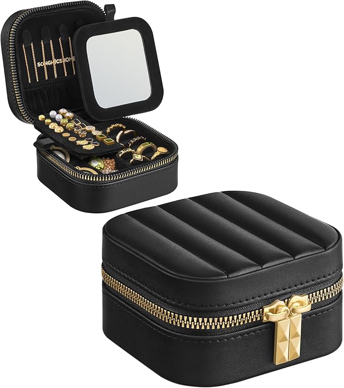 SONGMICS HOME Travel Jewelry Case, Small Jewelry Box Organizer with Mirror, 4.1 x 4.1 x 2.4 Inches, Stitching, Portable, Gift Idea, Ink Black UJBC179B01