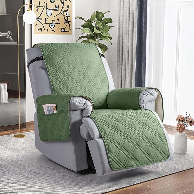 TAOCOCO 100% Waterproof Recliner Chair Covers, Non Slip Recliner Covers for Recliner Chair with Pocket, Washable Reclining Chair Cover Furniture Protector for Kids,Dogs(25'', Bean Green)