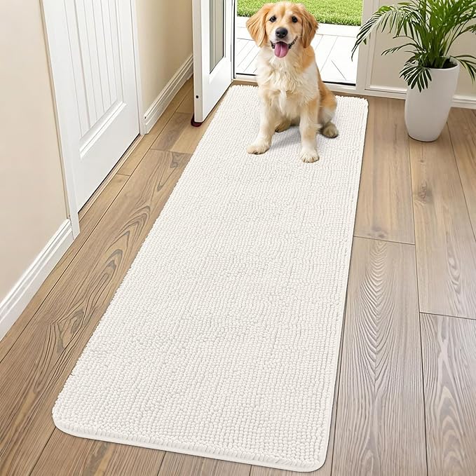 Smiry Dog Door Mat for Muddy Paws 70x24, Absorbs Moisture and Dirt Doormat, Non-Slip Washable Quick Dry Chenille Front Door Mat Indoor Entrance, Entryway Carpet for Inside Floor, Ivory